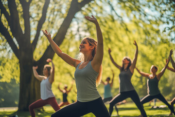 a group of women exercising in an outdoor park on a sunny day