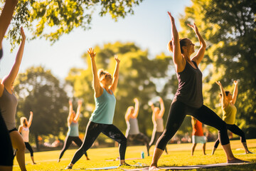 a group of women exercising in an outdoor park on a sunny day