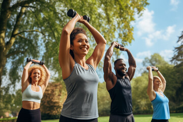 a group of women exercising in an outdoor park on a sunny day