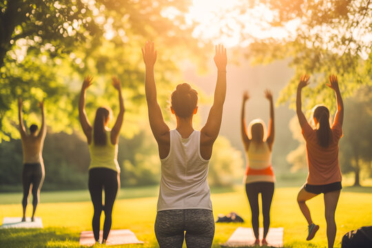 a group of women exercising in an outdoor park on a sunny day