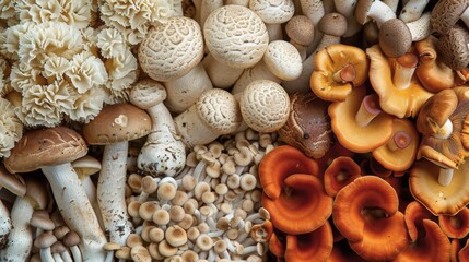 A diverse array of mushrooms, meticulously arranged to depict their natural beauty and variety.