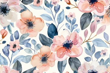 A vibrant watercolor floral pattern with peach and blue flowers and lush foliage.