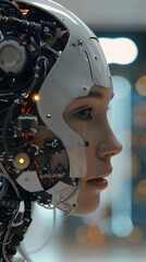A person standing up to a robot woman styled in cyberpunk with a robotic head detailed hyperrealism portrait of the robot looking at the girl artificial intelligence and robotics in our future