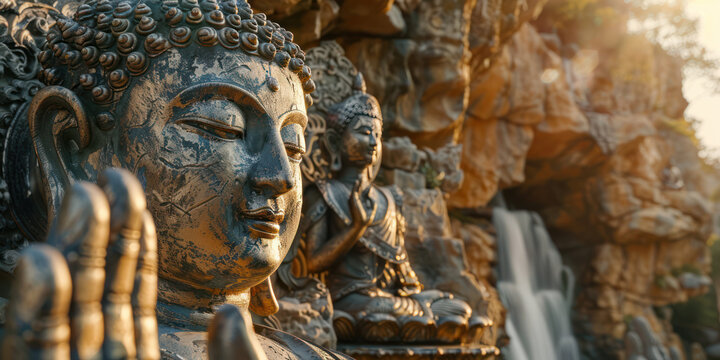 Buddha statues carved into the high cliffs of mountains, beneath which are lakes, verdant forests, morning mist, and rays of light