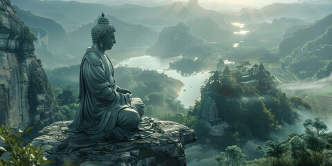 Buddha statues carved into the high cliffs of mountains, beneath which are lakes, verdant forests, morning mist, and rays of light - obrazy, fototapety, plakaty
