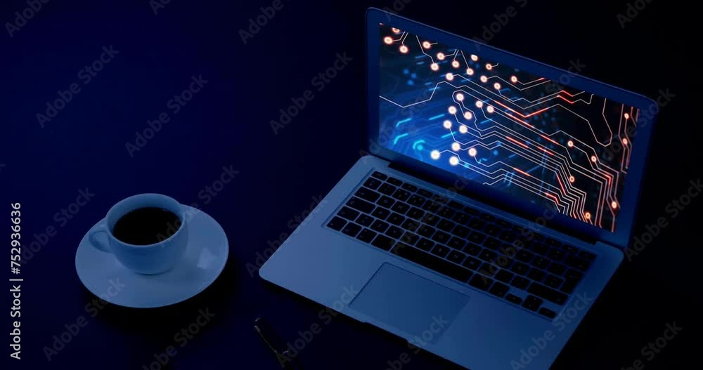 Poster animation of digital data processing over laptop computer screen