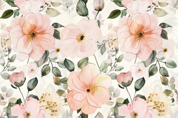Soft pastel watercolor floral pattern with blooming pink flowers and greenery for soothing decor and design projects.