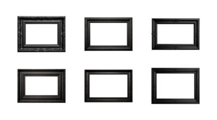 Collection of antique black rectangular frames isolated on a transparent background, PNG