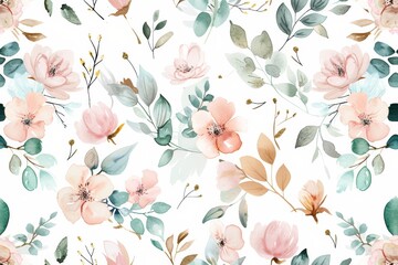 A delicate watercolor floral seamless pattern with blush pink blossoms and sage green foliage. - obrazy, fototapety, plakaty