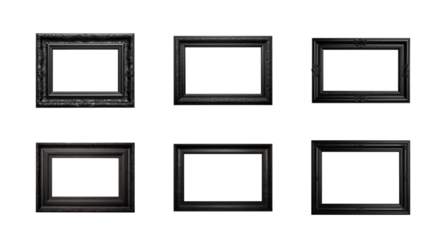 Collection of antique black rectangular frames isolated on a transparent background, PNG