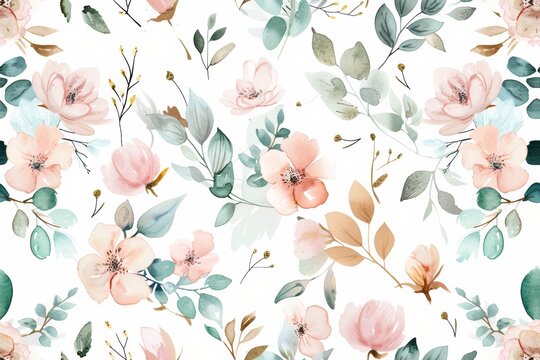 A delicate watercolor floral seamless pattern with blush pink blossoms and sage green foliage.
