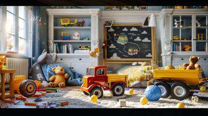 Childhood Imagination, A Colorful Array of Toys, The Joy of Play Captured in a Single Moment