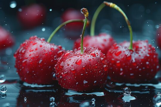Close-up of cherries with a splash of water, black background