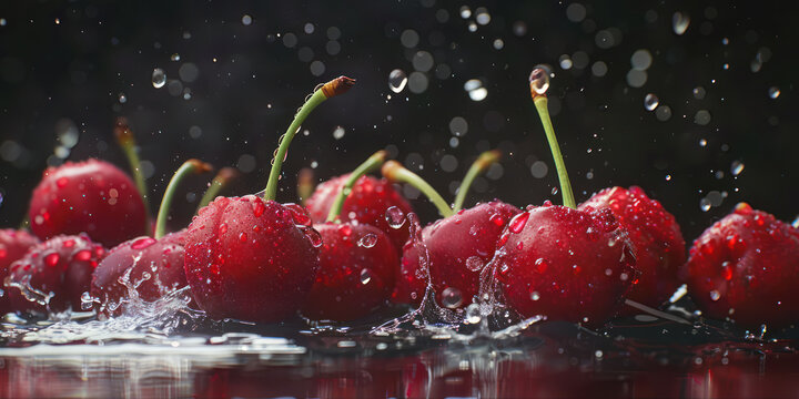 Close-up of cherries with a splash of water, black background