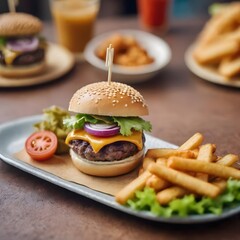 The image presents a mouth-watering cheeseburger with toppings and a side of fries, embodying the classic fast food experience. generative ai