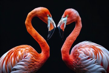 Two vibrant flamingos in a close-up shot displaying affection and grace