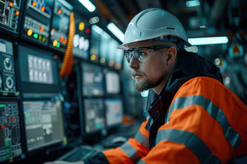 Male engineer wearing reflective clothing and white safety helmet, working with operating a PC, Designing, inspecting, and controlling machinery in automobile factories