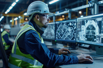 Male engineer wearing reflective clothing and white safety helmet, working with operating a PC, Designing, inspecting, and controlling machinery in automobile factories