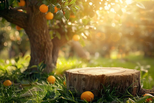 A round tree trunk with space for product against the background of an orchard of orange trees. orange field background
