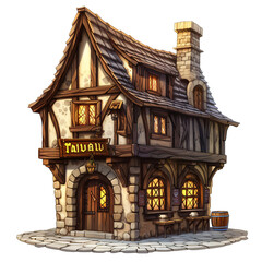 Digital illustration of a medieval tavern with a signboard. Fantasy tavern concept with detailed woodwork and stone masonry for RPG, storybook scenes, and digital art projects. Transparent background