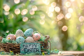 Colorful Easter Egg Basket Easter play. Happy easter spring sunshine bunny. 3d Illustration Software hare rabbit illustration. Cute palm sunday festive card Easter egg colors copy space wallpaper