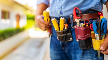 Close up portrait of maintenance worker with tool bag and kit worn on waist in industrial setting