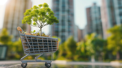A tree is sitting on a shopping cart. The cart is in a city setting. The tree is small and he is a potted plant. Carbon credit market concept. New think for save the world. Generative Ai Illustration.