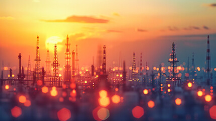 Industrial Majesty at Night, Refinery Towers Against the Twilight Sky, Echoes of Energy and Ecology - obrazy, fototapety, plakaty