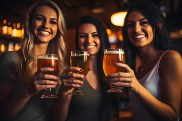 Young beautiful girls drink and have fun in a bar holding glasses of beer. Celebrating a holiday with alcohol in a noisy public place, night club. - obrazy, fototapety, plakaty