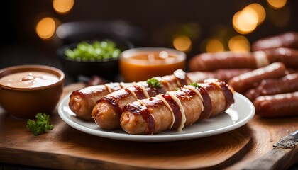Sausages wrapped with bacon and dipping sauce - obrazy, fototapety, plakaty