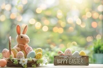 Colorful Easter Egg Basket Sunday. Happy easter Blessings bunny. 3d traditional illustration hare rabbit illustration. Cute plush promotional item festive card Easter garland copy space wallpaper
