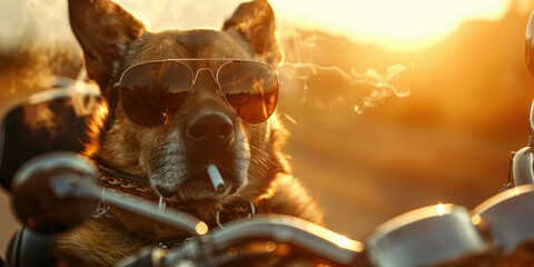 Shepherd dog wearing sunglasses, smoking cigarettes, and driving a motorbike