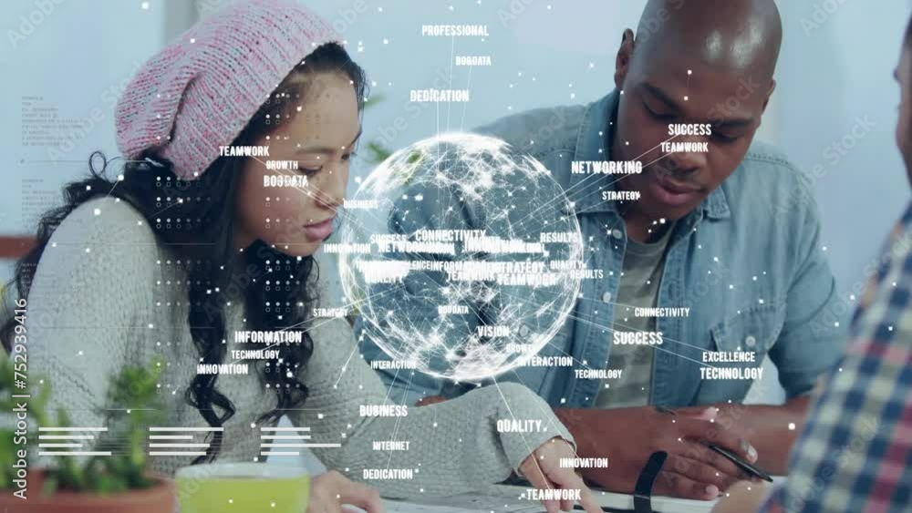 Aufkleber animation of globe with network of connections over diverse business people in office