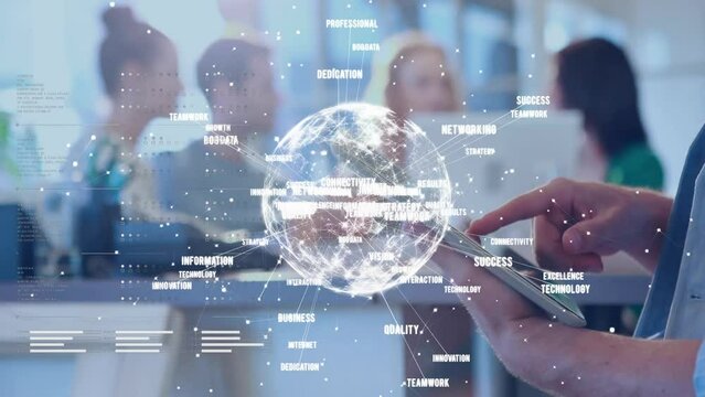 Animation of globe with network of connections over diverse business people in office