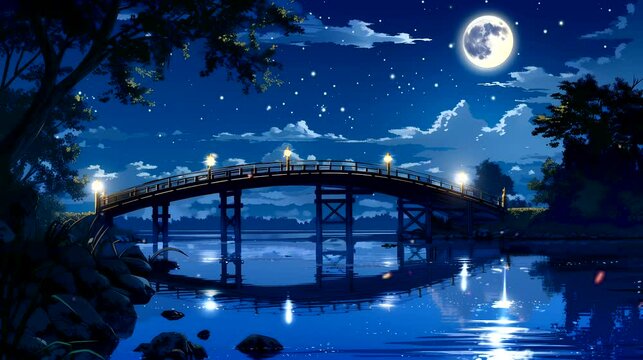 A peaceful riverbank with a weaved bridge over calm waters at night. Fantasy landscape anime or cartoon style, looping 4k video animation background