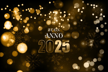 biglietto o banner per augurare un felice anno nuovo 2025 in oro bianco e nero su sfondo nero con cerchi color oro e fiocchi di neve con effetto bokeh