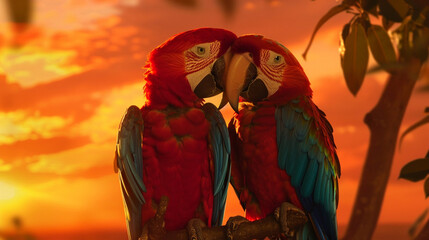 A loving pair of macaws with intertwined tails, expressing their bond against a sunset orange backdrop.