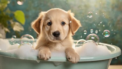 Cute puppy in bathtub with foam and soap bubbles. 
