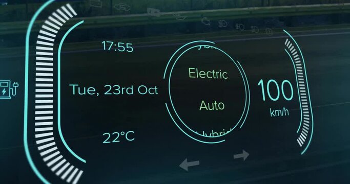 Animation of speedometer on hybrid electric vehicle interface screen with date, time and temperature