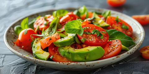 Tomato Avocado Salad in plate on a white stone background