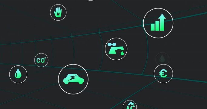 Animation of energy and finance icons rising on black background