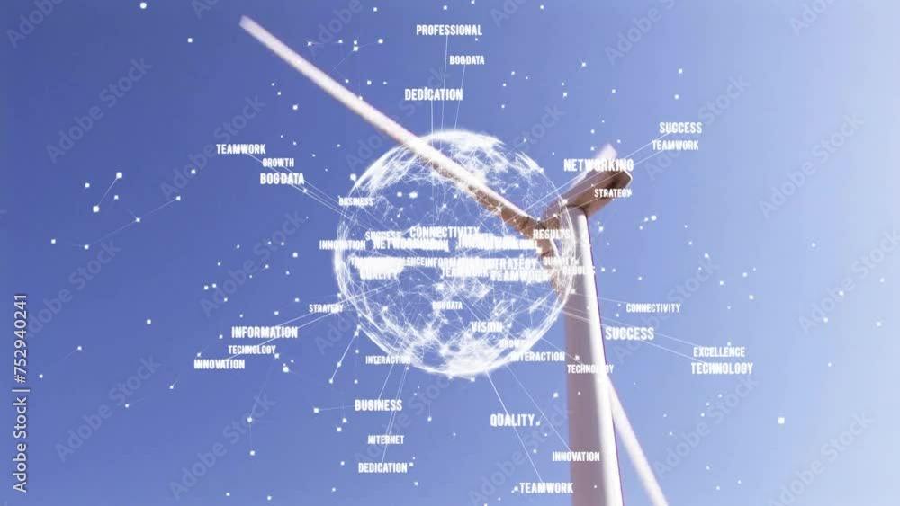 Poster animation of network of connections and data processing over wind turbine
