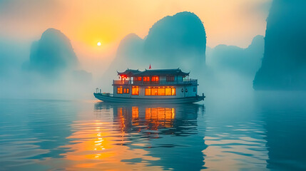 Vietnam, Ha Long Bay, Vang Vieng, famous tourist attraction. A traditional boat taking tourists among tropical islands.
