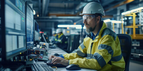 Women and man engineer wearing reflective clothing and white safety helmet, talking and working with operating a PC, Designing, inspecting, and controlling machinery in automobile factories