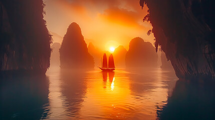 A wonderful visual of traditional sailing boats gliding by at sunset in Krabi, Thailand.
