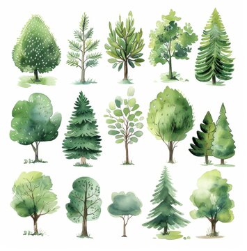 Watercolor painted various tree collection. An array of watercolor trees showcasing different species and styles, perfect for design or educational purposes, capturing the essence of flora