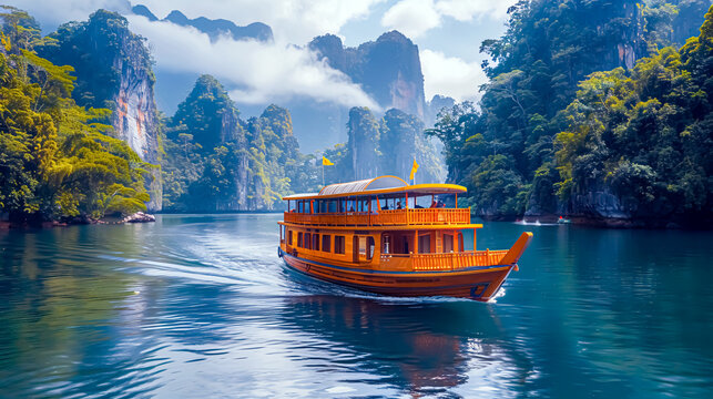 Vietnam, Ha Long Bay, Vang Vieng, famous tourist attraction. A traditional boat taking tourists among tropical islands.