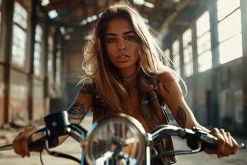 Photo sur Plexiglas Moto Woman biker wearing glass with tattoos muscled arms and legs, long hair in the wind, high heel boots, top, a leather jacket, a motorcycle