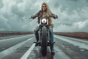 Papier Peint photo Moto Woman biker wearing glass with tattoos muscled arms and legs, long hair in the wind, high heel boots, top, a leather jacket, a motorcycle