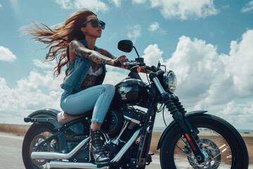 Obraz na płótnie Canvas Woman biker wearing glass with tattoos muscled arms and legs, long hair in the wind, high heel boots, top, a leather jacket, a motorcycle